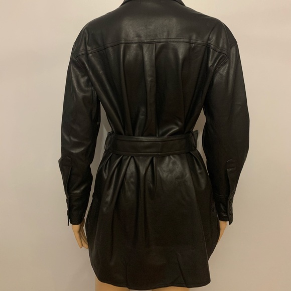 Vegan Faux Leather Oversized Black Belted Blazer Jacket Dress - Picture 4 of 5